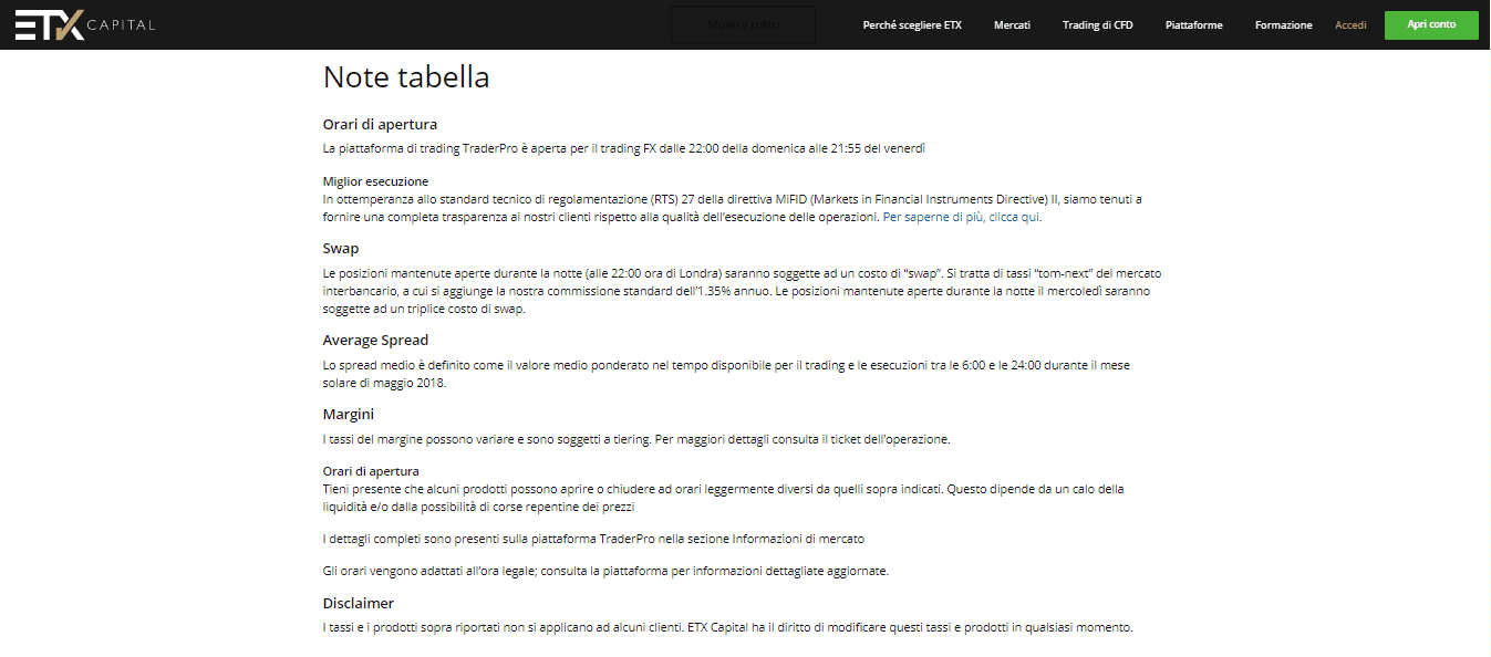 Note tabella di ETX capital Note tabella di ETX capital